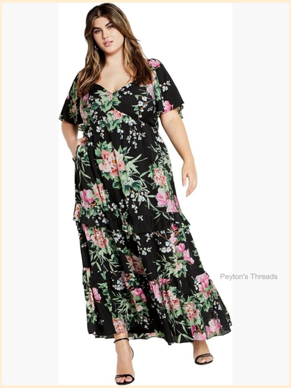 Plus Size V-Neck Flutter Sleeve Tiered Maxi Dress with Pockets